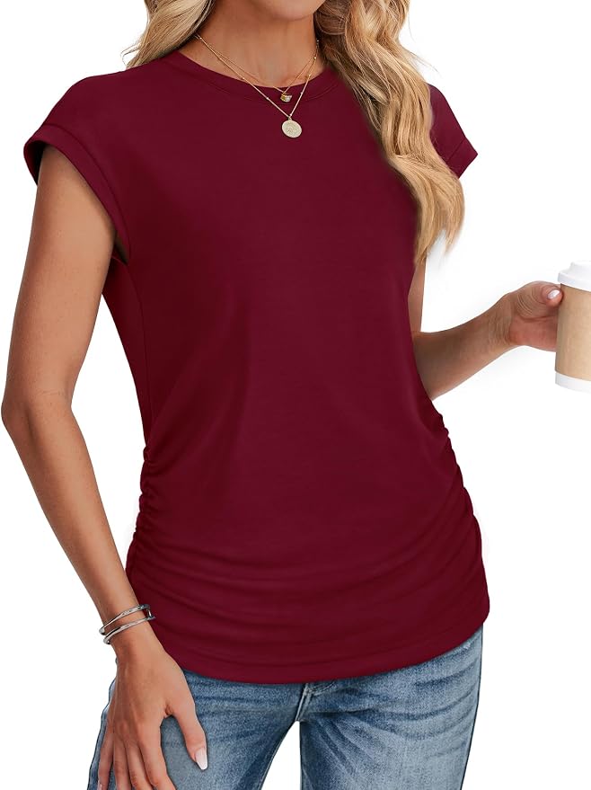 Sampeel Womens Summer Tops Trendy 2026 Ruched Cap Short Sleeve Tshirts Shirts Crew Neck T Shirts Fashion