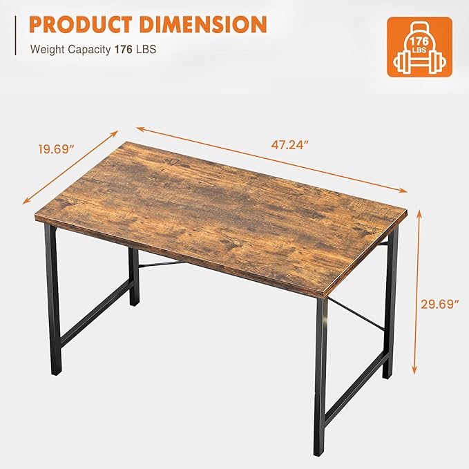 Sweetcrispy 47-Inch Small Computer Desk for Bedroom, Brown | Gaming Writing Work and Study Desk for Home Office, Sturdy Metal Frame and Compact Modern Design with X-Shaped