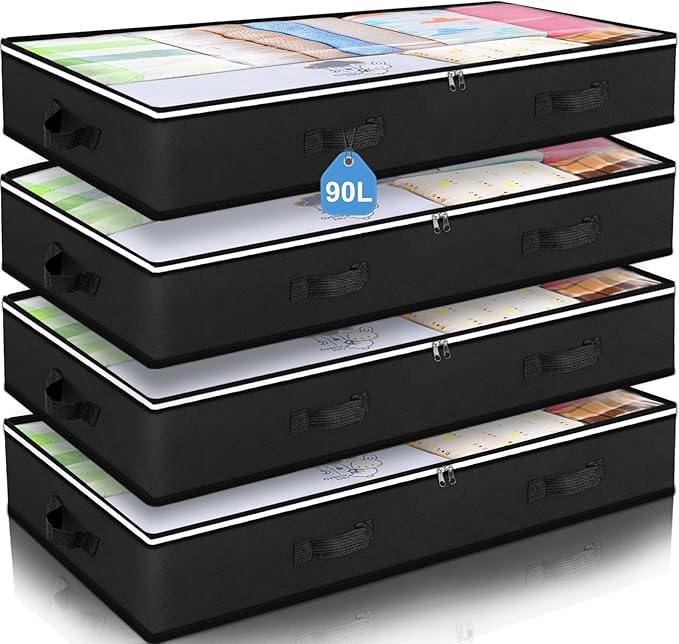 Budding Joy 90L Under Bed Storage Containers, Closet Organizers and Storage Bins, Foldable Underbed Storage Bags for Blankets, Towels, Comforter, Sweaters, Pillows, Linen Sheets, Wrapping Paper，Black