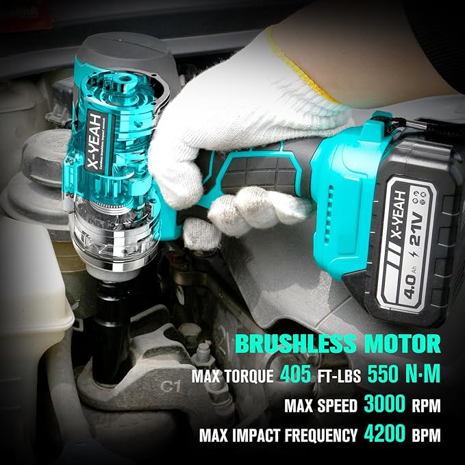 Impact Wrench - 1/2" Impact Gun, Power Impact Driver Max Torque 406 Ft-lbs(550N.m), Cordless Impact Wrench with 21V 4.0Ah Li-ion Battery & Charger,4 PCS Impact Sockets