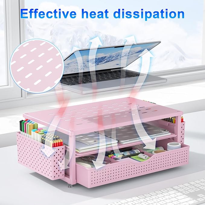 gianotter Desk Organizers and Accessories, Monitor Stand with Drawer and 2 Pen Holder, Desktop Organizer Suitable for Offices and Dormitories (Pink)