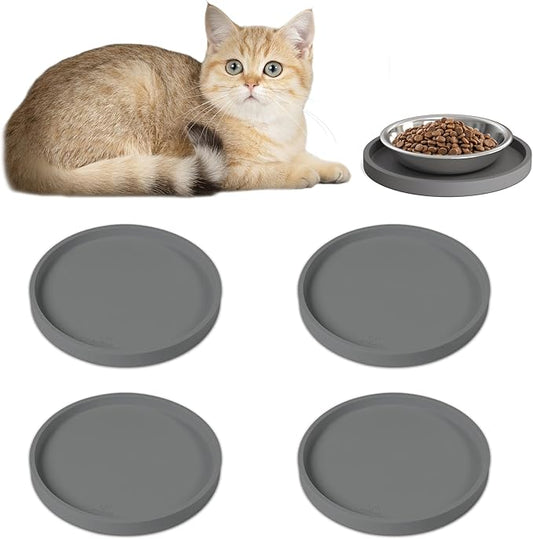 Arespark Pet Silicone Food Mat, Set of 4 Nonslip Waterproof Feeding Bowl Mat with Raised Edges for Food and Water Prevent Spills, Round Eating Tray for Dog Cat Puppy Kitten, 6'' x 6''