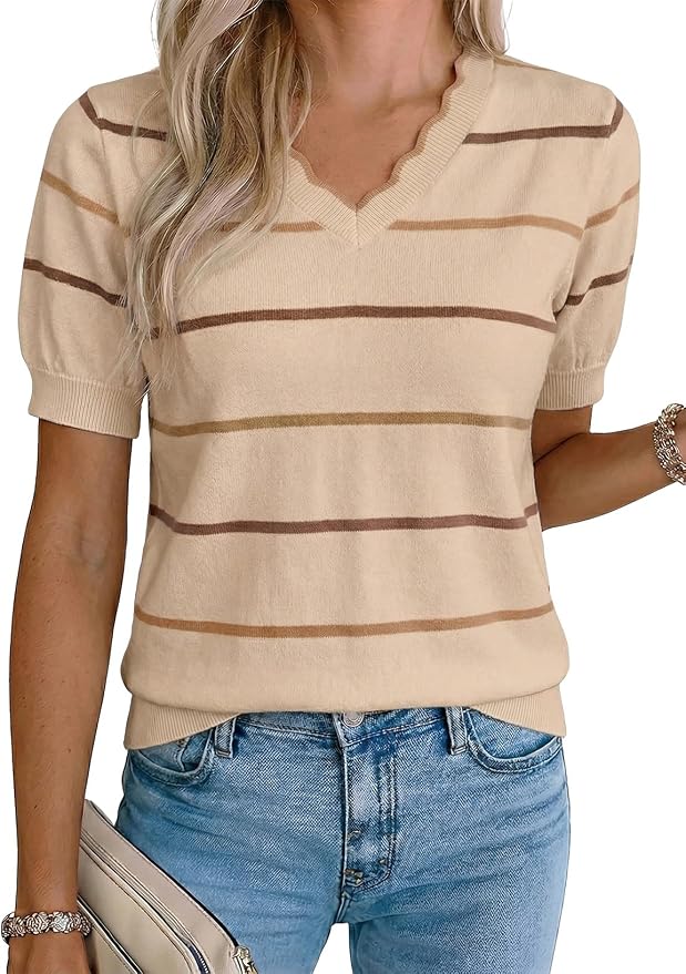 Dokotoo Womens Summer Short Sleeve Knit Tops 2026 Spring Trendy Casual V Neck Striped Sweater Blouses