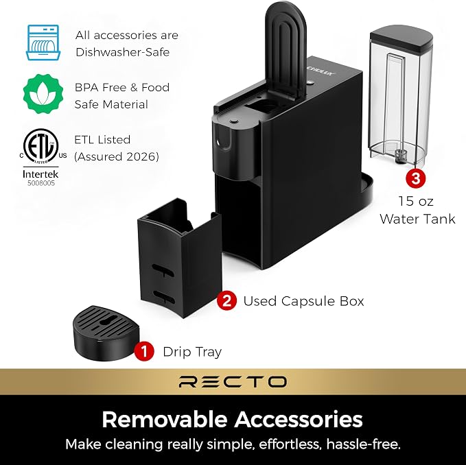 CHULUX RectoCafé Espresso Coffee Machine for Nespresso Original Capsule Pod | Extra Mini Design, 20 Bar Professional Italian Pump, Food-Grade Materials, Quiet with Low-Vibration Brewing for Home & Office