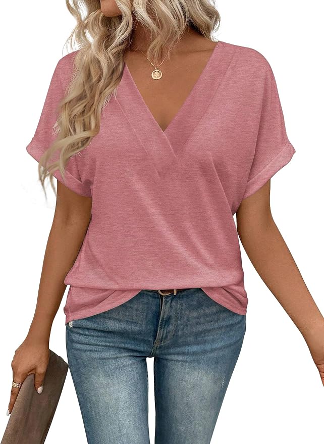 T Shirts Short Sleeve V Neck Tees Womens Tops Beach Vacation Fashion Clothes 2026 Casual Summer Spring Fall Outfits