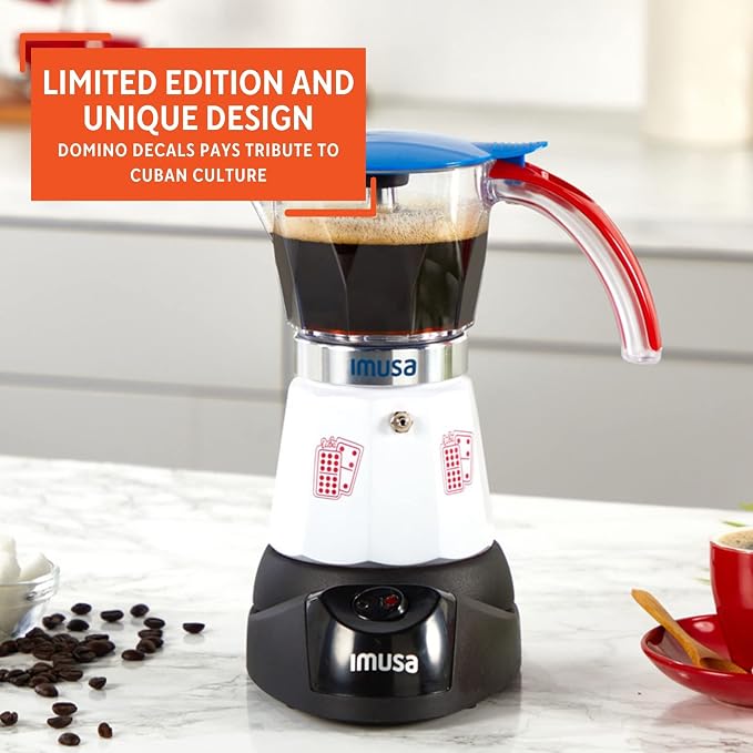 Imusa Special Edition Electric Cuba/Domino themed Espresso Maker, 3 or 6 Cups, White, Red, Blue | Brews 3 or 6 Cups, Ideal for Entertaining and Office