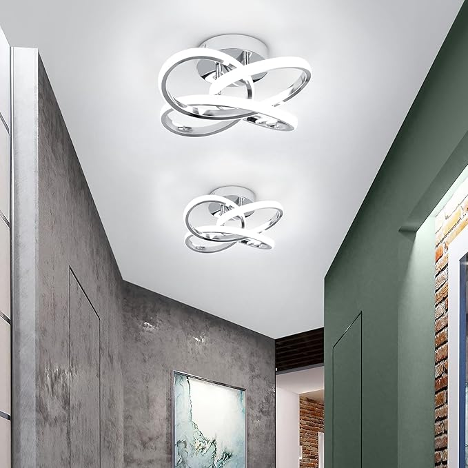 Modern Led Ceiling Lights, 11.8in Chrome Curved Hallway Ceiling Lights Fixtures, 26W Flush Mount Ceiling Light for Bedroom Kitchen Bathroom Entryway Balcony Stair - Cold White Light 6000K