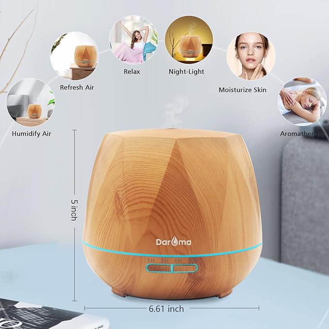 550ml Essential Oil Diffuser, DAROMA Upgraded Remote Control 6 in 1 Aromatherapy Ultrasonic Cool Mist Humidifier, 7 Color Changing Mood Lights & Waterless Auto-Off for Home Office Gift, Light Wood
