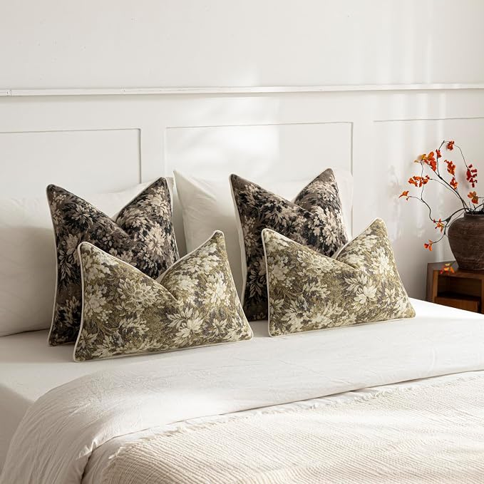 Pack of 2 Vintage Floral Euro Sham Covers 26x26 Boho Farmhouse Accents Chenille Square Decorative Throw Pillow Cases for Living Room Couch Bed Home Decor, Taupe
