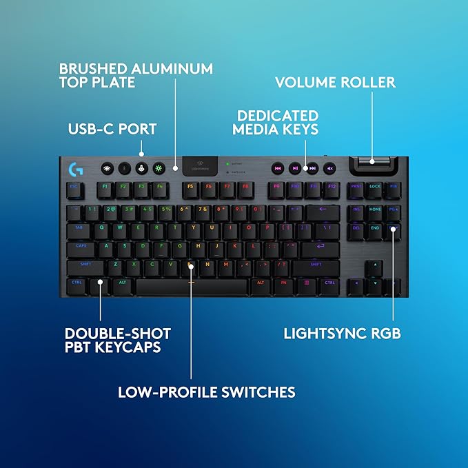 Logitech G915 X Lightspeed TKL Wireless Gaming Keyboard (Clicky) - Black | Low Profile, Mechanical Switches, Double-Shot PBT Keycaps, RGB lighting, Aluminum finish, PC/Mac Compatible