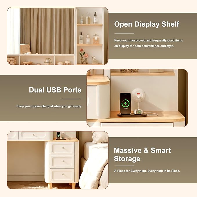 Vanity Desk with Mirror and Lights,Makeup Vanity with 2 USB Power Strip,Vanity Set with Two Drawers and Three-drawerst, 3 Lighting Modes Adjustable Brightness, Foldable Three-sided Mirror(White)