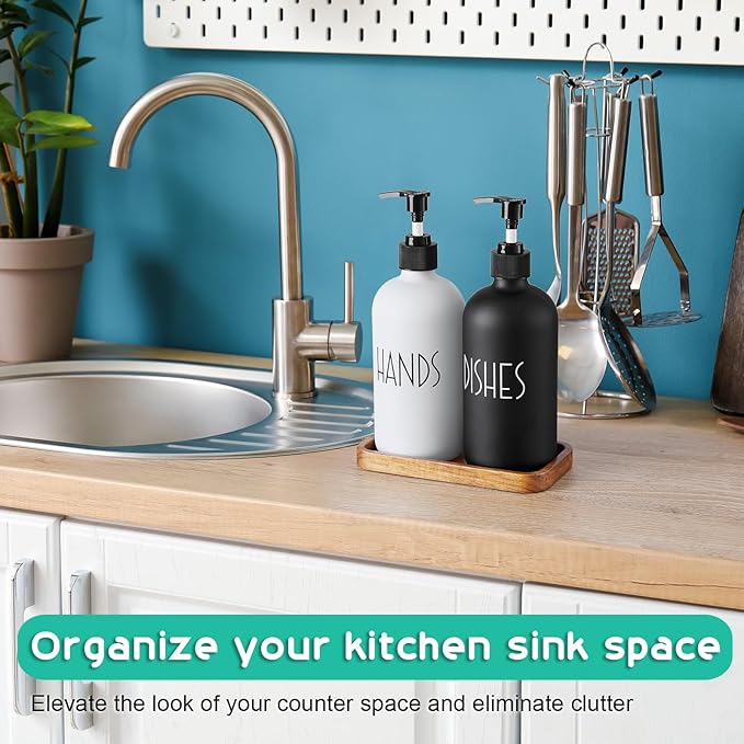 ALELION Glass Dish Soap Dispenser for Kitchen - 16 OZ Hand Soap Dispenser Set with Pump and Acacia Wood Tray - Black White Modern Farmhouse Kitchen Bathroom Decor and Accessories