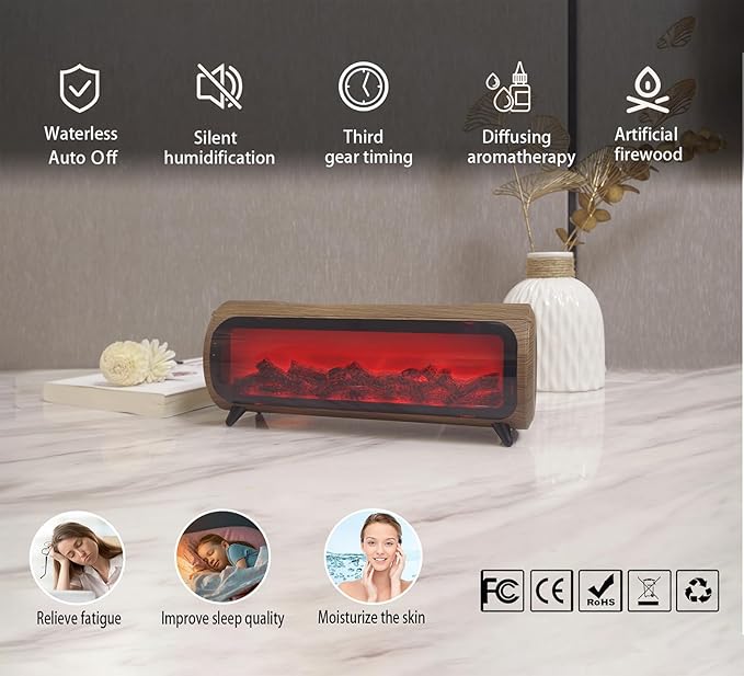 Flame Fireplace Aroma Diffuser-Aromatherapy Essential Oil Diffusion-7 Flame Colors-Noiseless Clean air-Wood Shape-nimi Tabletop Fireplace humidifier for Home Bedroom Office （Wooden Grain）