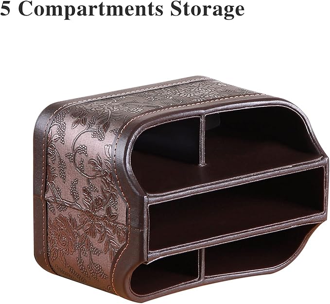 YAPISHI Antique Leather Remote Control Holder, 360 Degree Spinning Desk TV Remote Caddy/Box, Bedside Table Organizer for Controller, Media, Calculator, Mobile Phone and Pen Storage