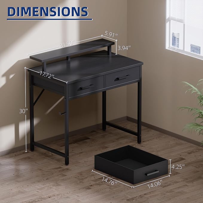 Pamray 32 Inch Small Computer Desk with Monitor Stand and 2 Drawers | Small Gaming Desk, for Bedroom Apartment and Dorm, for Study Work and Writing, Small Spaces, Sturdy, Easy Assembly