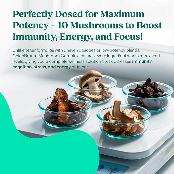 ColonBroom Mushroom Complex, Powerful Mushroom Blend with Cordyceps, Reishi, Shiitake, Lion’s Mane Extract for Energy, Immunity, Stress Relief & Cognitive Health - 60 Capsules, 30 Day Supply