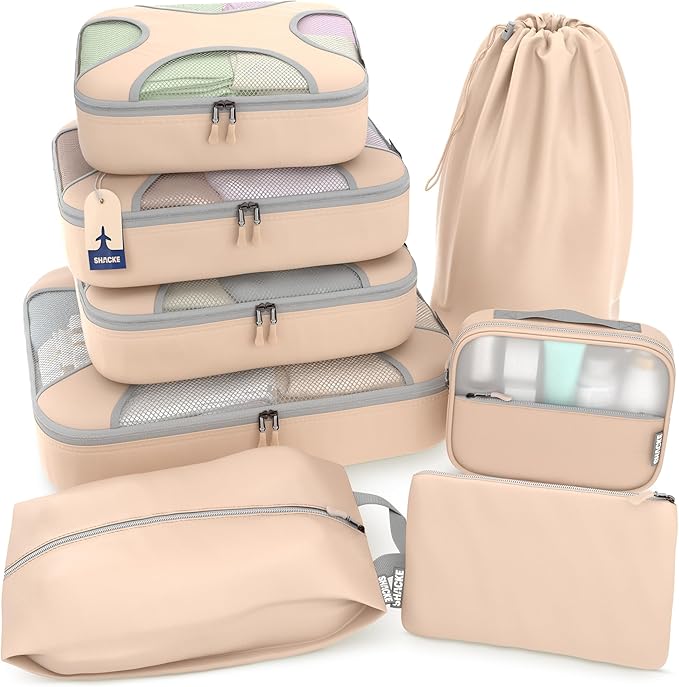 Shacke Premium 8 Packing Cubes Set - Lightweight Mesh Travel Luggage Organizers with Laundry Bag, 8-Piece Suitcase Storage System (Nude Biege)