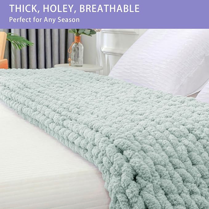 Bigacogo Chunky Knit Throw Blanket for Couch, 40x40 inches, Mint | Hand Knit with Jumbo Chenille, Soft Breathable Cable Knit for Sofa Bed Living Room, Machine Washable, Gift for Mom Friend