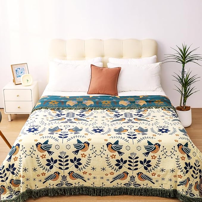 VANJOROY Boho Throw Blanket, 100% Organic Cotton Breathable Ultra Soft 80" x 90" Bed Quilt Throw - Floral Rustic Bird Farmhouse Decor Luxury Reversible Blanket for Sofa Couch Chair and Gift,Teal/Beige
