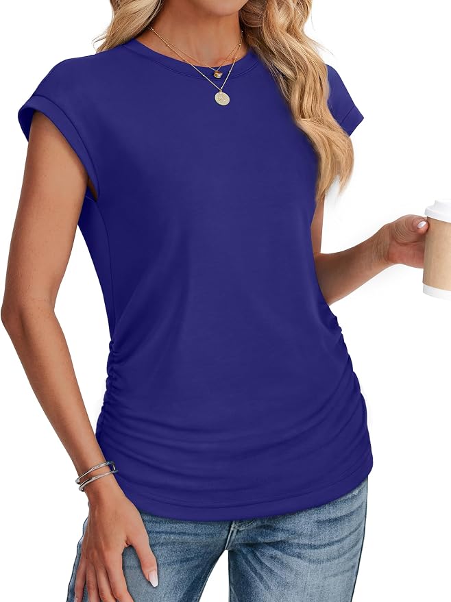 Sampeel Womens Summer Tops Trendy 2026 Ruched Cap Short Sleeve Tshirts Shirts Crew Neck T Shirts Fashion