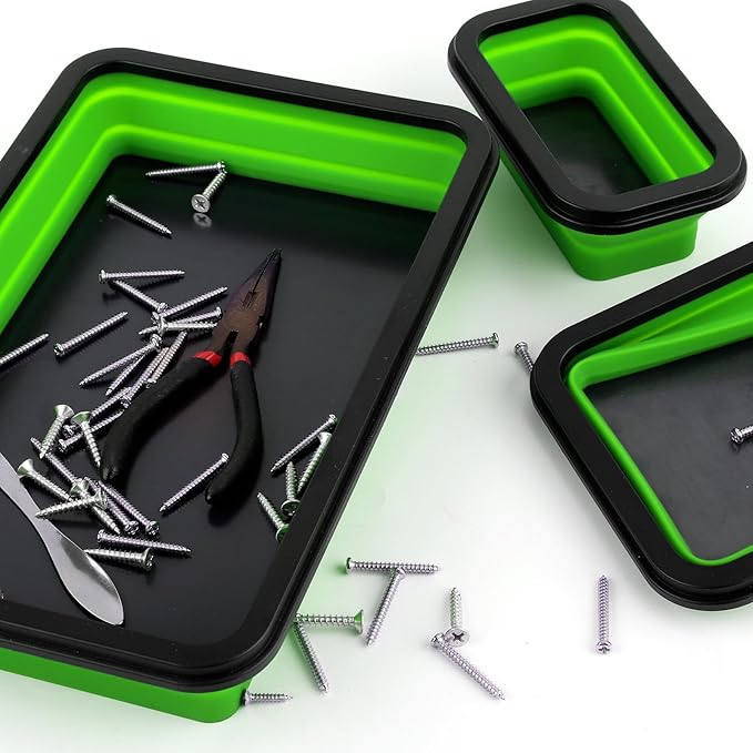 3pcs Collapsible Magnetic Parts Tray, 3 Sizes Magnetic Foldable Tray Insulating Silicone Magnetic Tool Tray for Mechanic's Folding Bowl & Magnetic Base for Bolts Screws Nuts Gaskets (Green)