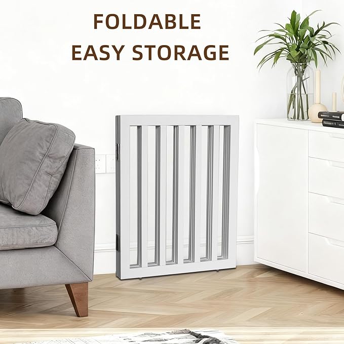 ZJSF Freestanding Indoor Dog Gate for House Foldable Wood White Puppy Gate for Doorways Pet Gate for Stairs Extra Wide Pet Fence 24" Height 6 Panels