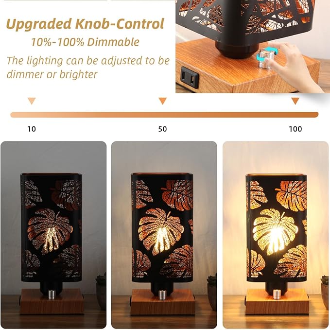 Industrial Table Lamp Sets of 2 with USB Ports and Outlet, Rustic Dimmable Bedside lamp with Charging Station, Metal Square Shadow Nightstand Lamp for Bedroom Living Room End Tables