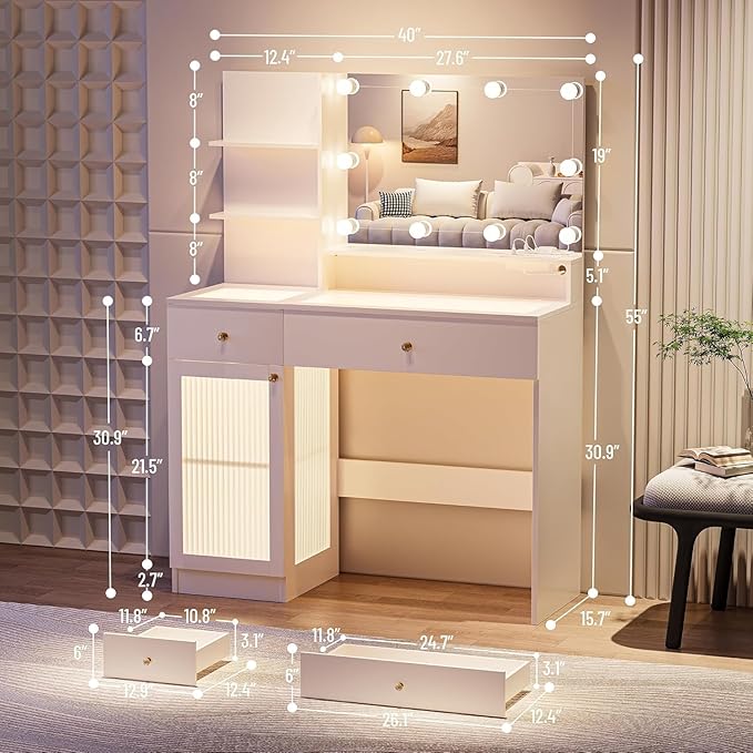Makeup Vanity Desk with Mirror and Lights, Modern Glass Top Makeup Desk Set with Power Outlet, Drawers and Cabinet, 3 Lighting Color Adjustable Dressing Table for Bedroom
