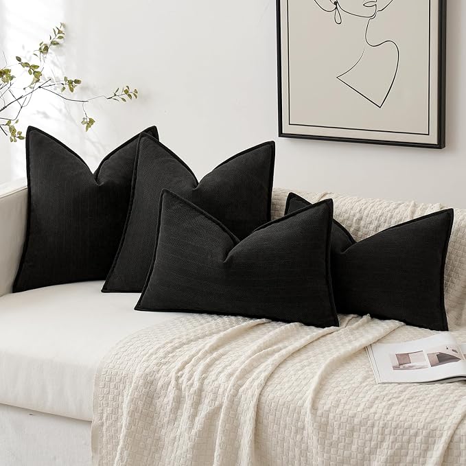 MIULEE Pack of 2 Black Decorative Lumbar Chenille Pillow Covers 12x20 Inch | Soft Couch Throw Pillows,Farmhouse Cushion Covers with Elegant Design for Sofa,Bedroom,Living Room,Spring Home Decor