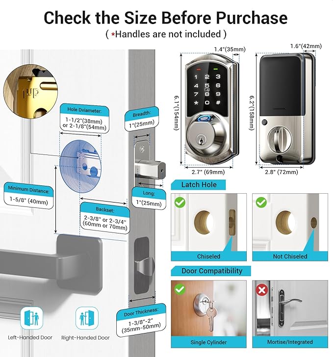 Veise VE07 Fingerprint Smart Door Lock, 7-in-1 Keyless Entry Deadbolt with App Control, Electronic Digital Touchscreen Keypad, Biometric Smart Locks for Front Door, Auto Lock, Satin Nickel
