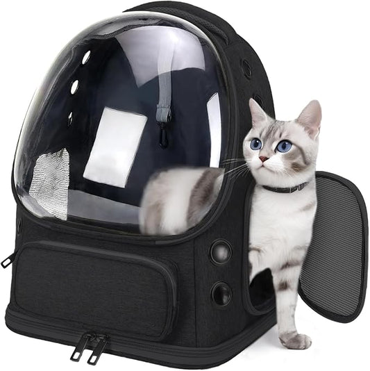 Breathable Cat Backpack Carrier, Large Space Cat Bubble Backpack for Kitty & Small Dog up to 18lbs, Foldable Cat Carrier Backpack, Transparent Airline Approved Carrier for Travel (Black)