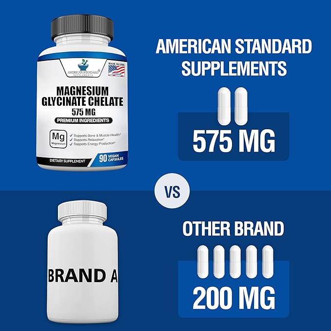 American Standard Supplements Magnesium Glycinate 575mg per Serving, 90 Veggie Capsules, Magnesium Supplement for Bone & Muscle Health, Chelated for Maximum Absorption