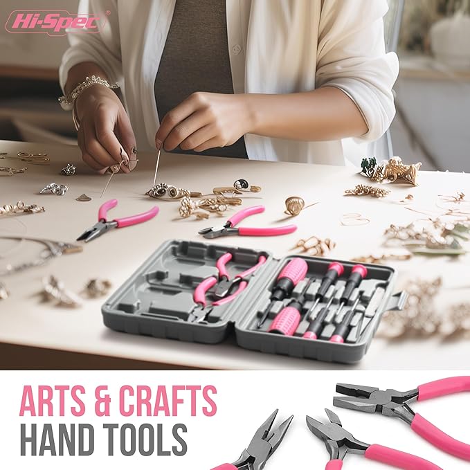 Hi-Spec 11pc Pink Womans Compact Crafts & Home DIY Repair Hand Tool Kit Set with Pliers, Cutters and Precision Screwdrivers for Ladies