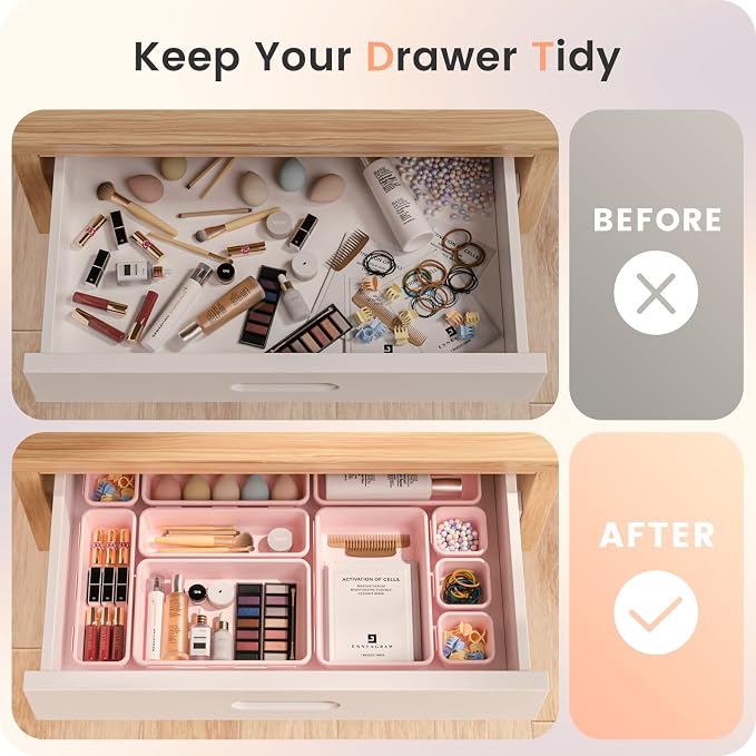 【Military Grade】A-LuGei Drawer Organizer,【】Makeup organizer,【Holds 177 Items】Bathroom Organizers and Storage,Organization and Storage,Desk Drawer Organizer for Vanity【Pink】