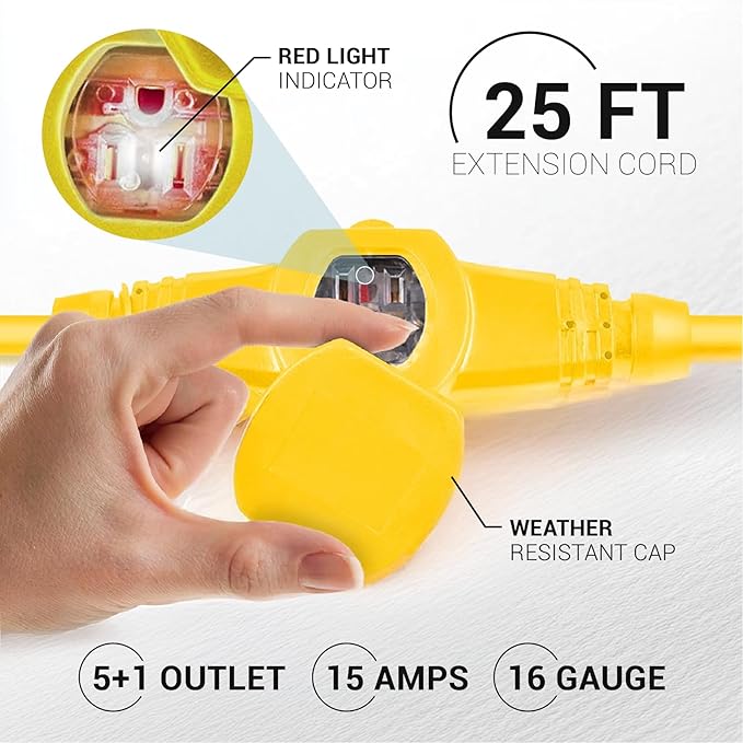COLSEN Extension Cord with Multiple Outlets – 25 ft Heavy Duty 16 Gauge Power SJTW Cable, 15 Amp 3 Prong 6 NEMA Multi Plug, 16 AWG Male to Female Connector, 5-15R Female Socket, Outdoor/Indoor Yellow