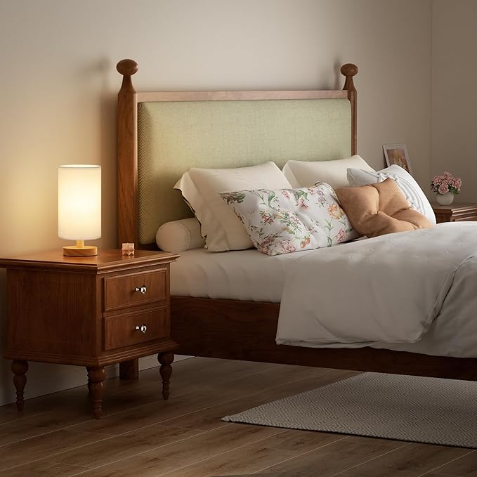 Fenmzee Small Table Lamps (White Shade - Wood Base, 9" Inline Control) | 3000K LED Blub Included | 680 Lumens | Easy Assembly | Minimalist Design | E26 | for Kitchen | for Kids Room