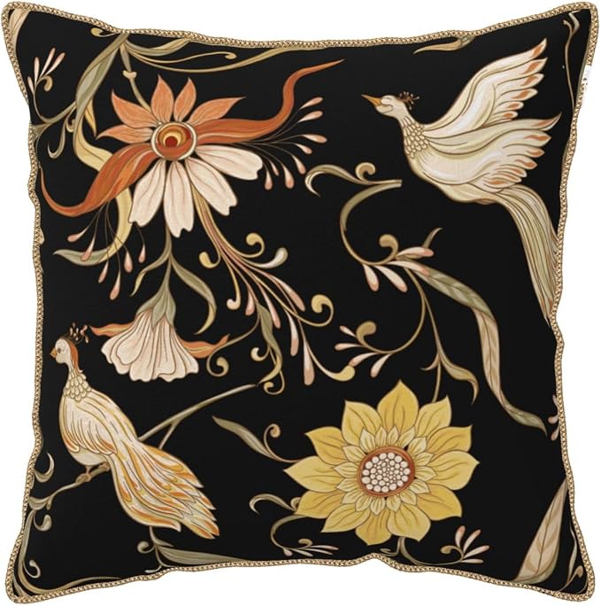 Flowers Birds Velvet Pillow Covers 16x16 Inch Vintage Floral Black Throw Pillows for Couch Farmhouse Cushion Covers Pillowcase Retro Rustic Pillow Cases for Sofa Bed Living Room Outdoor