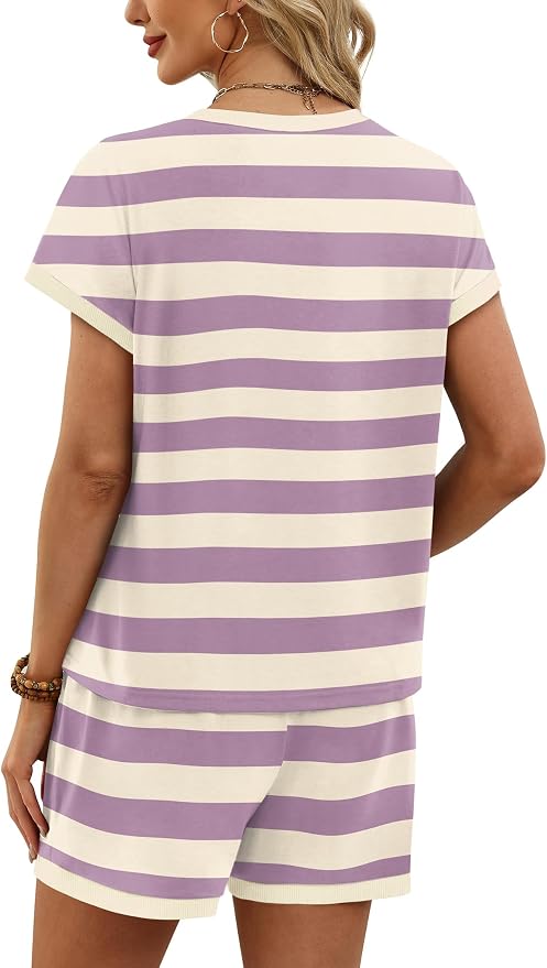 WIHOLL Two Piece Sets for Women Summer Lounge Short Sets Cap Sleeve Crew Neck Sweatsuit with Pocket XS-2XL