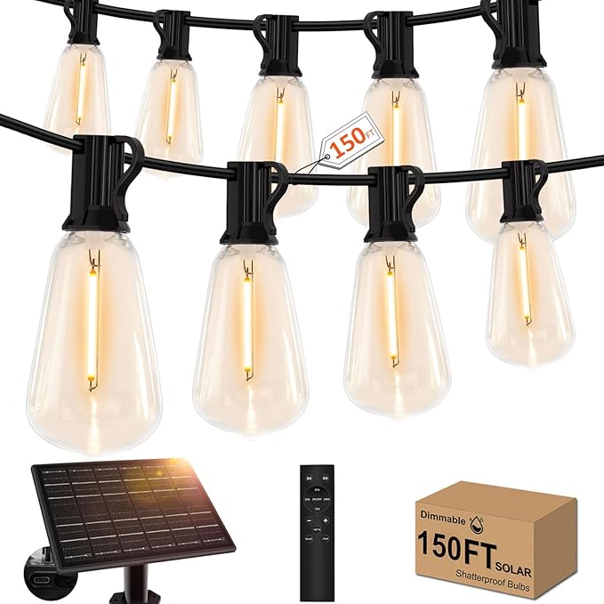 GHUSTAR 150ft Solar Outdoor String Lights with Remote - USB Rechargeable Solar Powered Outdoor Patio Lights - Timer, Dimmable Shatterproof ST38 Bulbs for Backyard, Garden, Pool