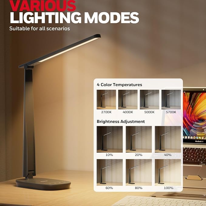 Honeywell HWT-H2 LED Desk Lamp for Home Office, CRI94 Full Spectrum Eye-Caring Light, Dimmable Table Lamp with USB-A & USB-C Charging Ports, Foldable Touch Control Reading Lamp, Black