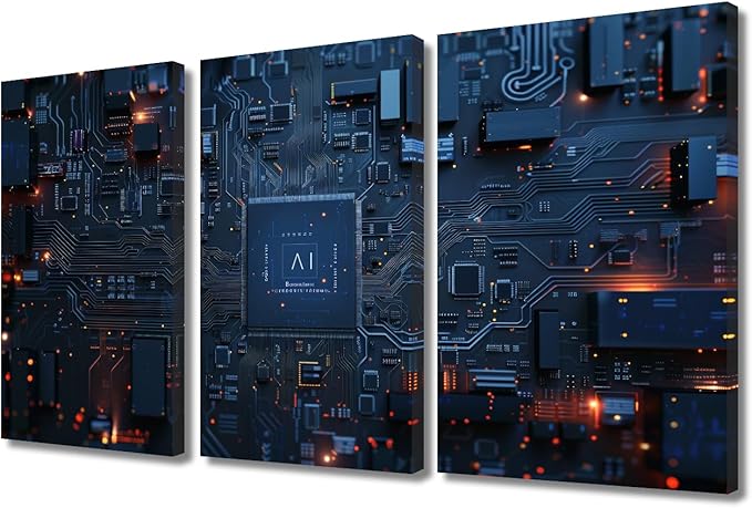 AI Advanced Circuitry Pictures Digital Intelligence Hub Wall Art Wall Decor Circuit Board Pictures Posters 3 Panel CPU Concept Canvas Artwork Wooden Frame Ready to Hang (36"Wx24"H)