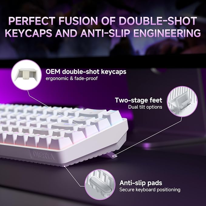 DIERYA DK68 60% Wireless Mechanical Gaming Keyboard, 3-Mode, Bluetooth 5.0/2.4G/USB-C, RGB Backlit, 68-Key Compact Mini for Windows, Mac, Linux - Clicky Blue Switch - White