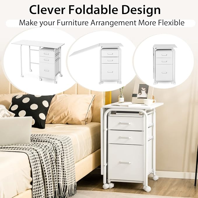 Folding Computer Desk with 6 Wheels, 41.5" Modern Steel Collapsible Home Office Desk with 3 Storage Drawers, Portable Writing Laptop Desk for Bedroom, Study, Small Space, Home Office, White