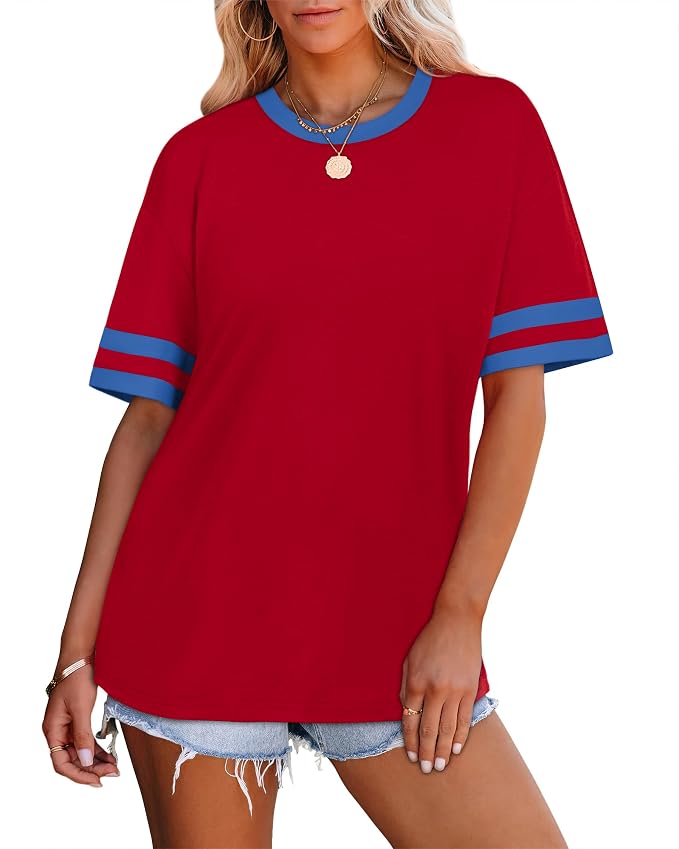 WIHOLL Womens T Shirts Loose Fit Short Sleeve Tees Crew Neck Color Block Summer Tops 2026 Fashion