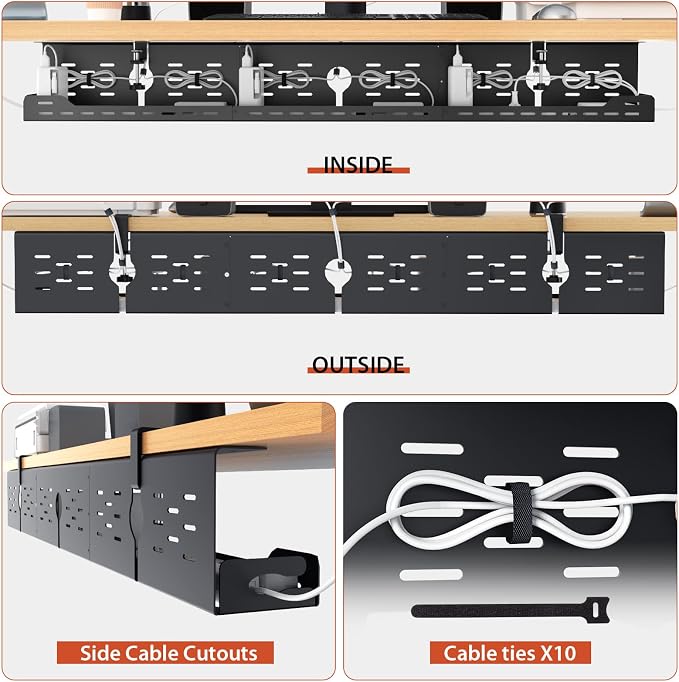Univivi Under Desk Cable Management Tray, Cable Management, 48 inch, Black | Durable Steel, Cable Management with No-Drill C-Clamp and Screw Mount, Effortless Wire Management for Office/Home