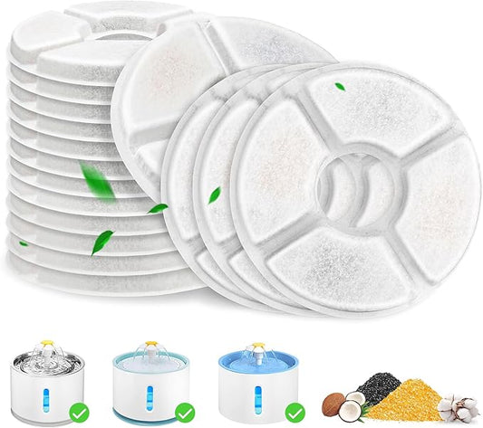 Cat Fountain Filter, 16 Pcs Cat Water Fountain Filters Replacement Dia is 5", 3-Filtration System Round Carbon Filters Compatible with 81oz / 2.4L Round Automatic Pet Dog Water Fountain Dispenser