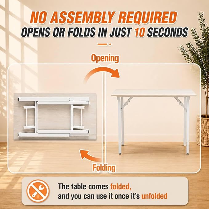 Folding Table Computer Desk - 43.3" No Assembly Folding Desk Design and Foldable Office Desk, Small Desk for Bedroom, Compact Storage Portable Use for Dorm and RV Small Space, White Ash