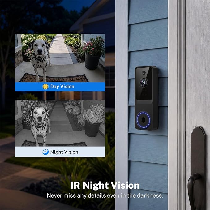 1080p Wireless Video Doorbell Camera with Smart AI Human Detection, Two-Way Audio, Live View, Night Vision, 2.4G WiFi, Battery Powered, App Control, and Cloud Storage for Home, Office & Pet Monitoring