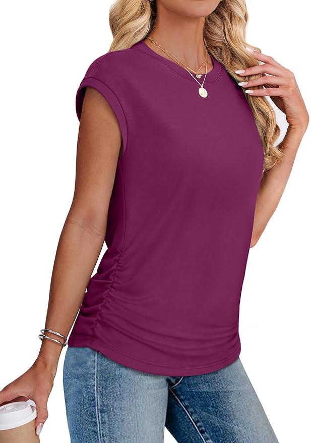 Sampeel Womens Summer Tops Trendy 2026 Ruched Cap Short Sleeve Tshirts Shirts Crew Neck T Shirts Fashion