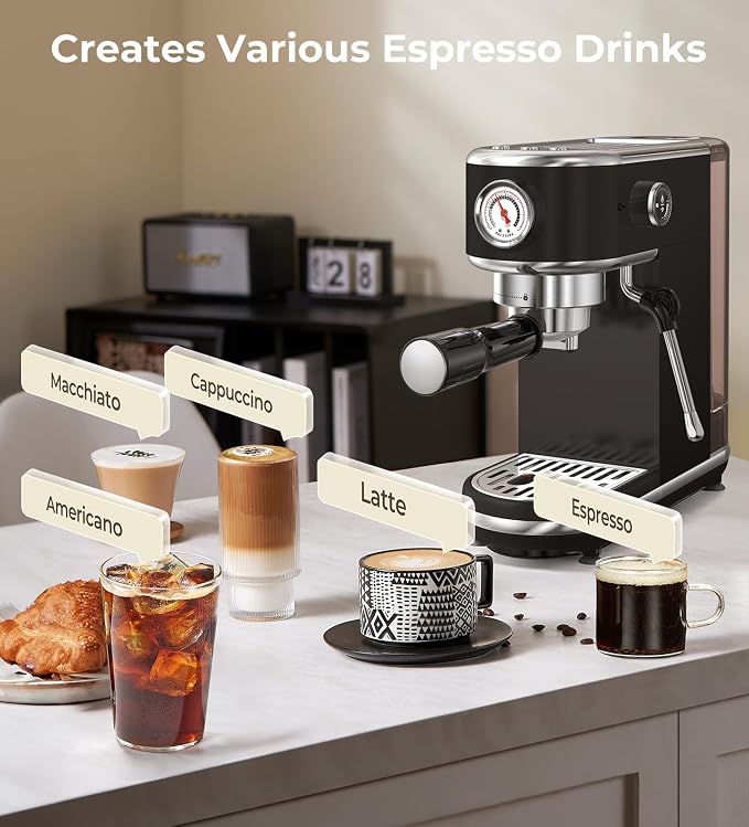 atatix 20 Bar Espresso Machine with Milk Frother, Compact Espresso Maker | Black Stainless Steel Coffee Machine,with Precise Temp Contro, 44oz Removable Water Tank for Latte, Cappuccino